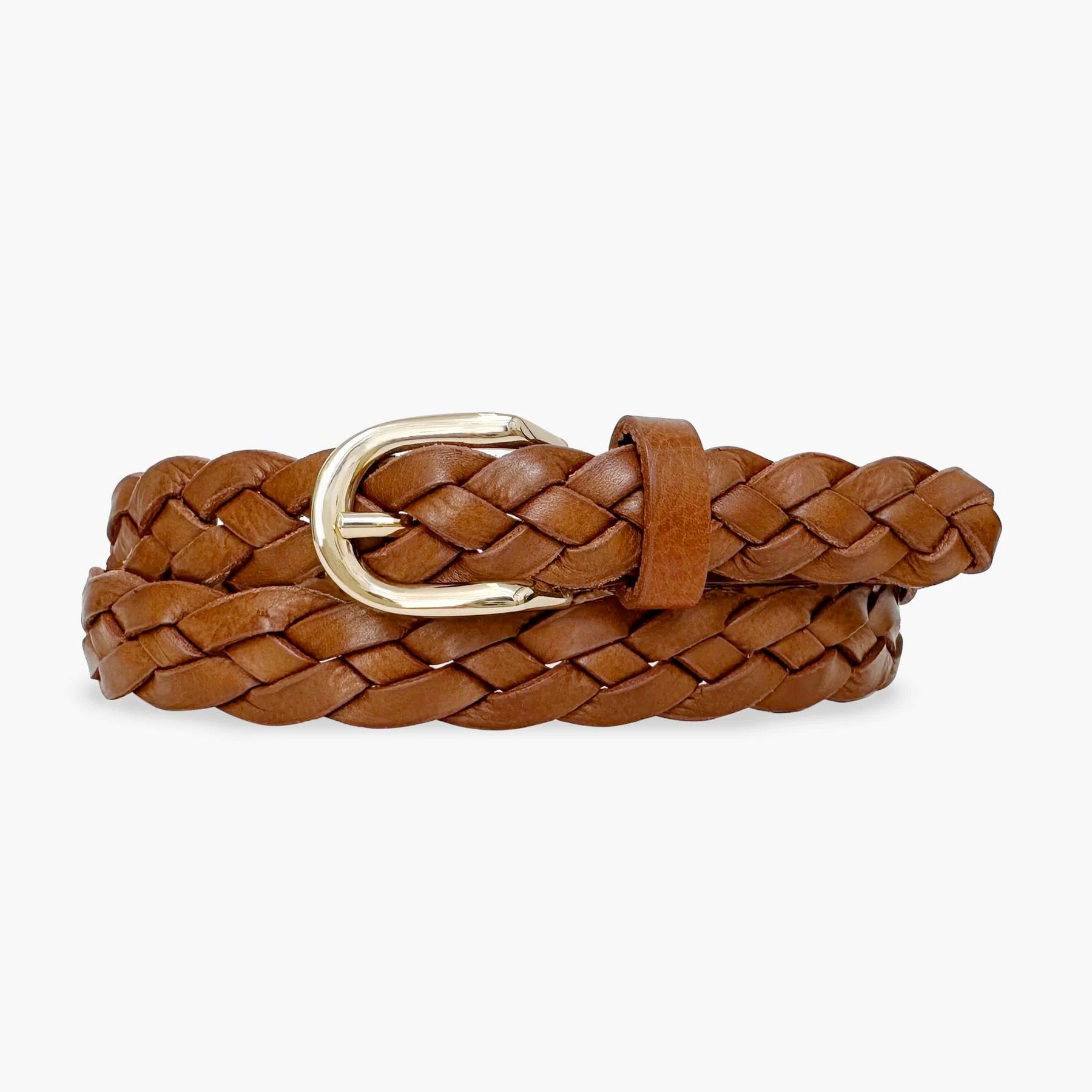 Abro Vacchetta Wide Woven Leather Belt with Gold C Buckle Tan